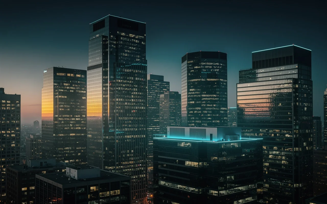 Quartier d'affaires américain moderne au crépuscule, illustrant la création d'une LLC aux États-Unis
