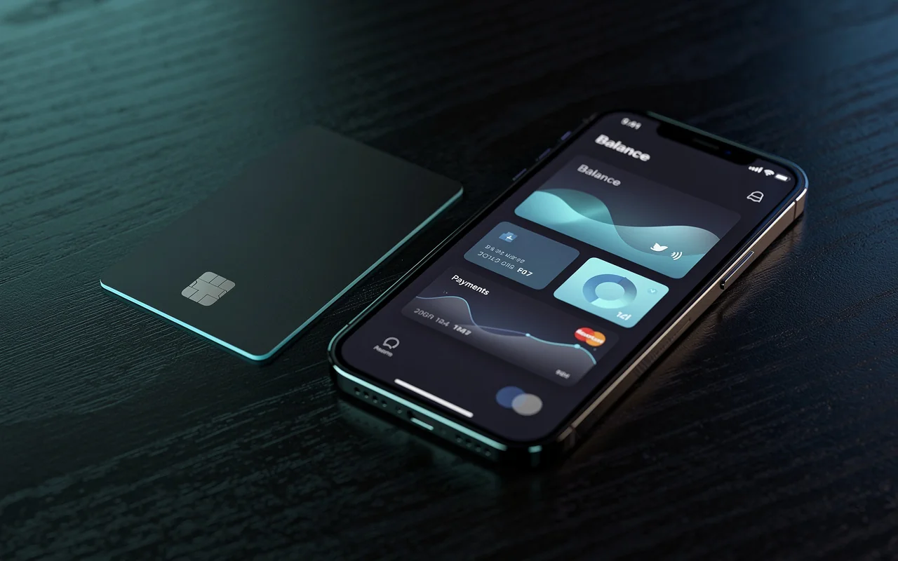 Smartphone affichant une application de néobanque professionnelle américaine et une carte de paiement multidevise posée sur une table