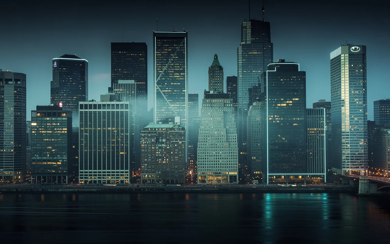 Quartier d'affaires américain au lever du jour illustrant l'économie des États-Unis