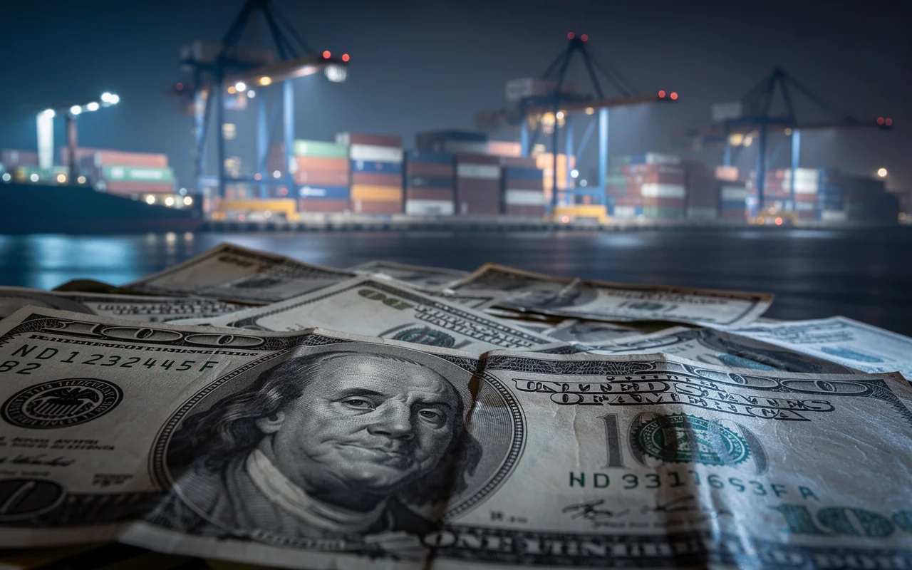 Billets en dollars américains et port de commerce évoquant la devise et les échanges des États-Unis