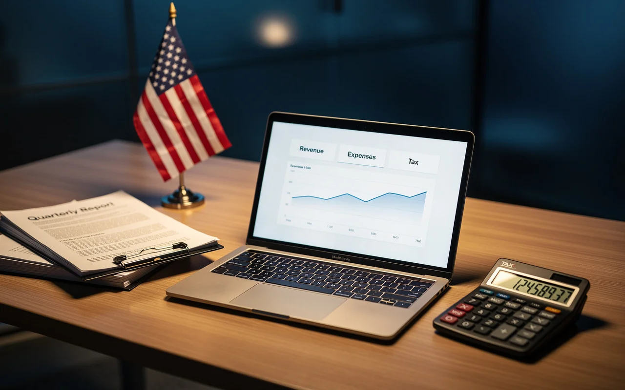 Bureau d'un entrepreneur avec drapeau américain et documents de société, illustrant la fiscalité d'une LLC américaine