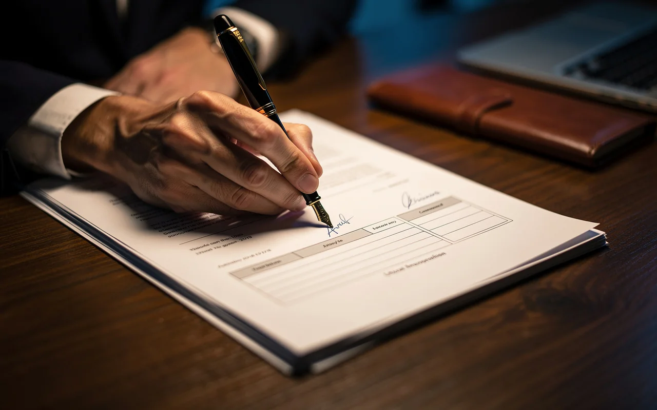 Entrepreneur signant les documents juridiques de constitution d'une société aux États-Unis